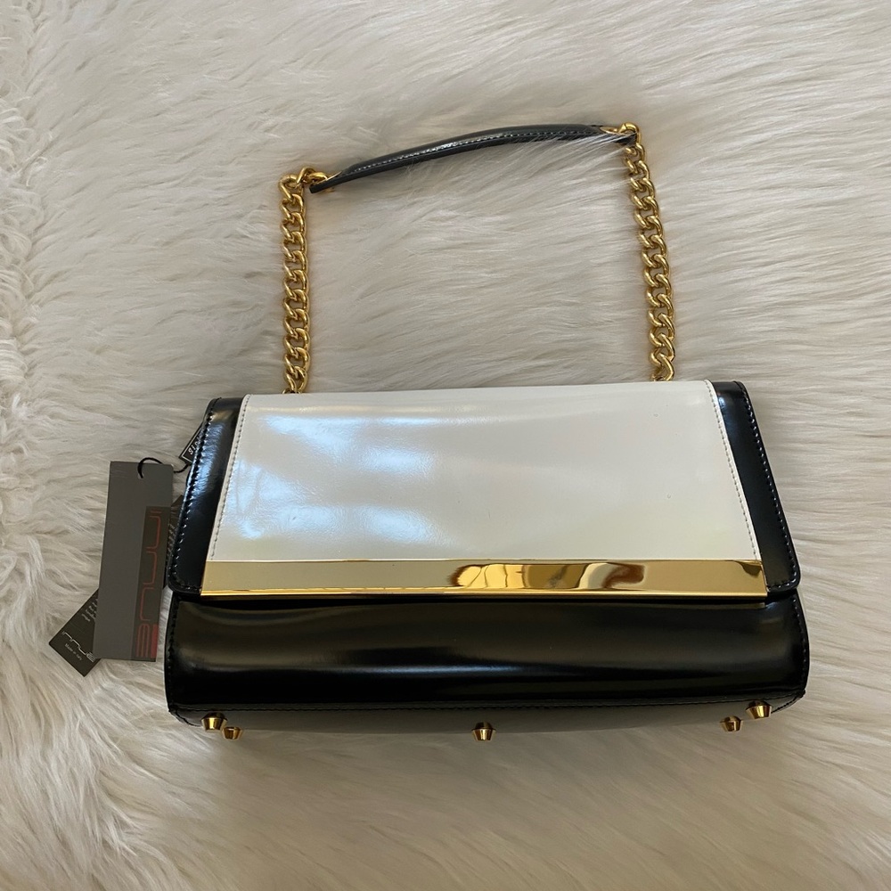 Chic Black and White Shoulder Bag with Gold Chain